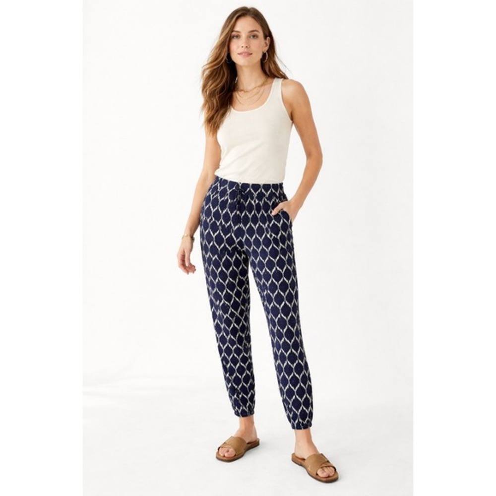 Robin Piccone Blue White Ikat Diamond Print Tapered Jersey Knit Pants Small‎